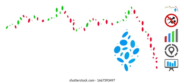 Dot Mosaic auf der Grundlage von Ethereum falldiagramm. Mosaike Vektorillustration Ethereum Falldiagramm wird mit verstreuten ovalen Punkten erstellt. Bonussymbole werden hinzugefügt.