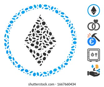 Dot Mosaic auf der Grundlage von Ethereum gerundet. Mosaike Vektorillustration Ethereum abgerundet wird mit zufälligen elliptischen Flecken gebildet. Bonussymbole werden hinzugefügt.