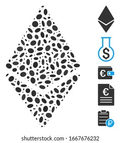 Mosaico de puntos basado en el etéreo. El eéreo vectorial mosaico se compone de puntos elípticos aleatorios. Se agregan iconos de bonificación.