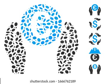 Dot Mosaic basierend auf Euro Pflegehand. Mosaike Vektorillustration Euro Pflegepersonen werden mit randomisierten ovalen Elementen erstellt. Bonussymbole werden hinzugefügt.
