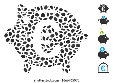 Dot Mosaic based on Euro piggy bank. Mosaic vector Euro piggy bank is created with random oval dots. Bonus icons are added.