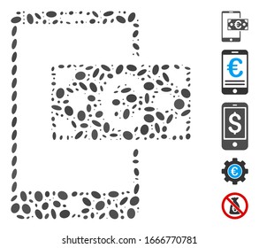 Dot Mosaic based on Euro mobile cash. Mosaic vector Euro mobile cash is created with scattered oval spots. Bonus icons are added.