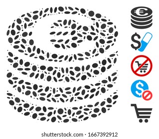 Dot Mosaic based on Euro coin column. Mosaic vector Euro coin column is designed with random oval elements. Bonus icons are added.