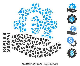 Dot Mosaic based on Euro development service hand. Mosaic vector Euro development service hand is designed with random ellipse elements. Bonus icons are added.