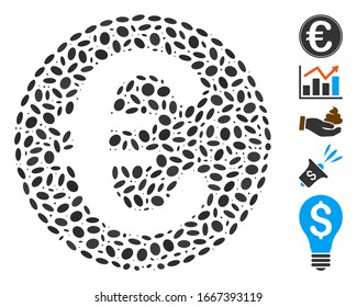 Dot Mosaic based on Euro coin. Mosaic vector Euro coin is composed with scattered oval spots. Bonus icons are added.