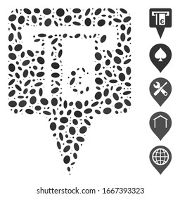 Dot Mosaic based on Euro ATM pointer. Mosaic vector Euro ATM pointer is formed with scattered elliptic spots. Bonus icons are added.
