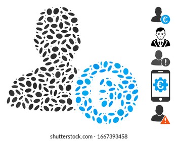Dot Mosaic basiert auf dem Euro-Banker. Mosaik Vektorillustration Euro Banker wird mit randomisierten elliptischen Punkten erstellt. Bonussymbole werden hinzugefügt.