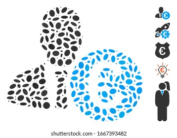 Dot Mosaic basado en Euro Banker. Vector mosaico El banquero del euro está compuesto por objetos ovales aleatorios. Se agregan iconos de bonificación.