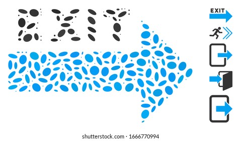 Dot Mosaic based on exit arrow. Mosaic vector exit arrow is composed with randomized ellipse spots. Bonus icons are added.