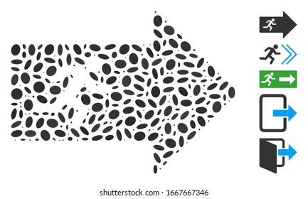 Dot Mosaic based on exit arrow. Mosaic vector exit arrow is composed with scattered ellipse elements. Bonus icons are added.