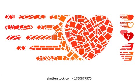 Dot Mosaic based on express love heart. Mosaic vector express love heart is formed with randomized rectangular spots. Bonus icons are added.