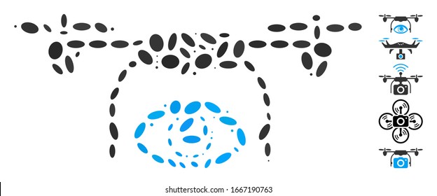 Dot Mosaic based on eye spy drone. Mosaic vector eye spy drone is composed with random oval dots. Bonus icons are added.