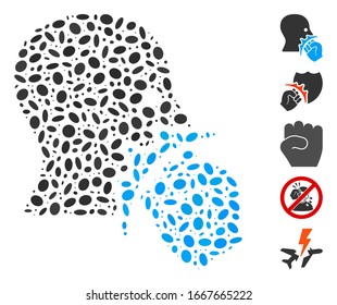 Dot Mosaic based on face violence strike. Mosaic vector face violence strike is formed with scattered elliptic spots. Bonus icons are added.