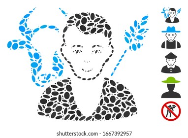 Dot Mosaic basado en granjero. El agricultor vector mosaico se forma con elementos elípticos aleatorizados. Se agregan iconos de bonificación.
