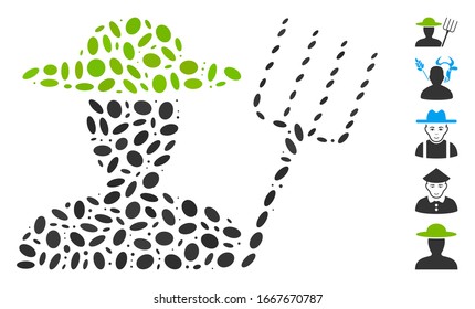 Dot Mosaic based on farmer with pitchfork. Mosaic vector farmer with pitchfork is composed with scattered oval elements. Bonus icons are added.