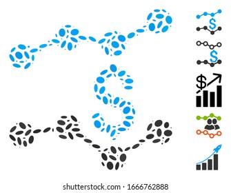 Dot Mosaic basado en las tendencias financieras. Las tendencias financieras del vector mosaico se componen de artículos ovales aleatorios. Se agregan iconos de bonificación.
