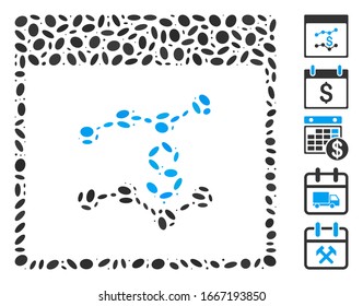 Mosaico de puntos basado en la página del calendario de gráficos financieros. La página del calendario de gráficos financieros vectoriales mosaicos está compuesta por puntos de elipse aleatorizados. Se agregan iconos de bonificación.