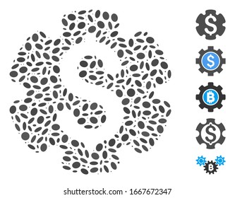 Mosaico de puntos basado en el equipo de configuración financiera. El equipo de configuración financiera de los vectores mosaicos está diseñado con puntos de elipse aleatorizados. Se agregan iconos de bonificación.