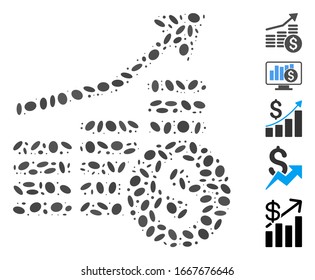 Dot Mosaic based on financial chart. Mosaic vector financial chart is created with random oval items. Bonus icons are added.