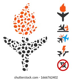 Dot Mosaic based on fired aircraft. Mosaic vector fired aircraft is designed with scattered oval items. Bonus icons are added.