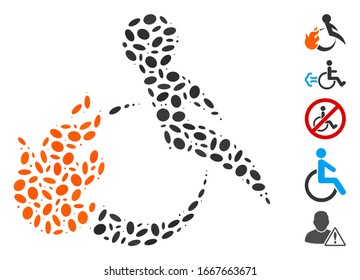 Dot Mosaic basiert auf gefeuerten Patienten. Mosaikpatient mit Vektorillustration ist mit verstreuten elliptischen Gegenständen zusammengesetzt. Bonussymbole werden hinzugefügt.