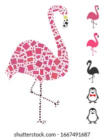 Mosaico de puntos basado en el pájaro flamingo. El pájaro flamingo vector mosaico se crea con elementos rectangulares aleatorios. Se agregan iconos de bonificación.