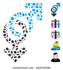 Dot Mosaic based on gay symbol. Mosaic vector gay symbol is designed with scattered elliptic elements. Bonus icons are added.