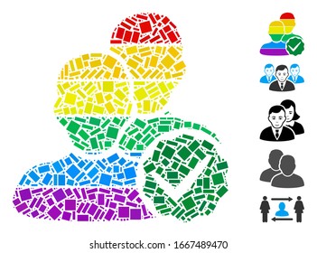 Dot Mosaic basiert auf Homosexuellen. Mosaike Vektorillustration für Homosexuelle besteht aus randomisierten rechteckigen Elementen. Bonussymbole werden hinzugefügt.