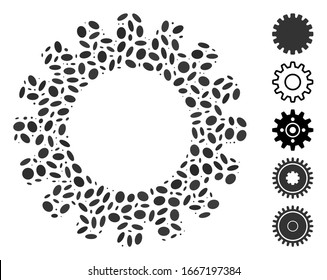 Dot Mosaic based on gear. Mosaic vector gear is formed with scattered oval items. Bonus icons are added.