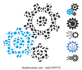 Dot Mosaic based on gear mechanism. Mosaic vector gear mechanism is composed with scattered oval items. Bonus icons are added.