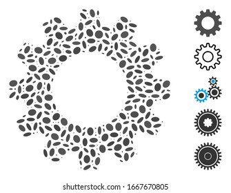 Dot Mosaic based on gear. Mosaic vector gear is created with scattered oval items. Bonus icons are added.