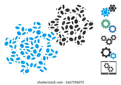 Dot Mosaic based on gears rotation. Mosaic vector gears rotation is designed with scattered ellipse items. Bonus icons are added.