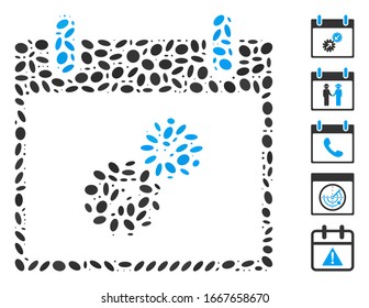 Dot Mosaic based on gears integration calendar day. Mosaic vector gears integration calendar day is designed with randomized elliptic items. Bonus icons are added.