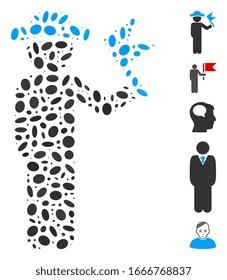 Dot Mosaic based on gentleman with flag. Mosaic vector gentleman with flag is formed with random elliptic dots. Bonus icons are added.