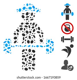 Dot Mosaic based on gentleman power lifting. Mosaic vector gentleman power lifting is formed with random ellipse spots. Bonus icons are added.