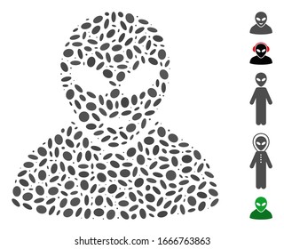 Dot Mosaic based on glad alien person. Mosaic vector glad alien person is composed with scattered elliptic items. Bonus icons are added.