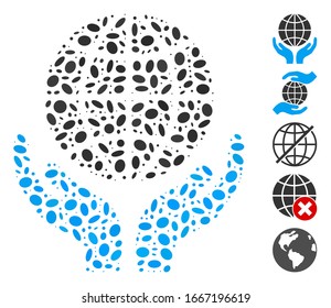 Punto Mosaico basado en manos globales. Las manos globales del vector mosaico se crean con elementos ovales aleatorios. Se agregan iconos de bonificación.