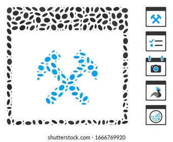 Dot Mosaic based on hammers calendar page. Mosaic vector hammers calendar page is composed with scattered elliptic spots. Bonus icons are added.