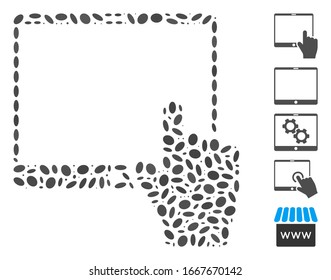 Dot Mosaic based on hand points mobile tablet. Mosaic vector hand points mobile tablet is composed with random oval items. Bonus icons are added.