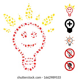 Dot Mosaic based on happy light bulb. Mosaic vector happy light bulb is composed with random elliptic spots.