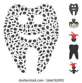 Dot Mosaic basado en el diente feliz. El diente feliz vectorial mosaico se crea con elementos elípticos aleatorizados. Se agregan iconos de bonificación.