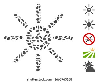 Dot Mosaic basado en los felices rayos del sol. Los rayos solares alegres del vector mosaico se crean con elementos de elipse aleatorizados. Se agregan iconos de bonificación.
