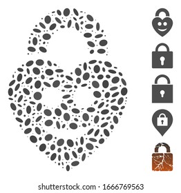 Punto Mosaico basado en el amor feliz. El bloqueo de amor alegre del vector mosaico se crea con puntos de elipse dispersos. Se agregan iconos de bonificación.