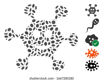 Dot Mosaic based on happy microbe. Mosaic vector happy microbe is composed with scattered elliptic dots. Bonus icons are added.