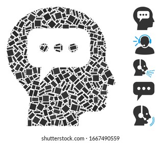 Dot Mosaic based on head opinion. Mosaic vector head opinion is composed with random rectangle spots. Bonus icons are added.