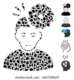 Dot Mosaic based on headache. Mosaic vector headache is created with scattered oval elements. Bonus icons are added.
