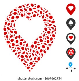 Dot Mosaic based on heart casino marker. Mosaic vector heart casino marker is composed with randomized ellipse items. Bonus icons are added.