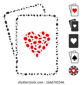 Dot Mosaic auf der Basis von Herzen Glücksspielkarten. Die Mosaikherzen der Vektorillustration werden mit zufälligen Ellipse-Elementen gebildet. Bonussymbole werden hinzugefügt.