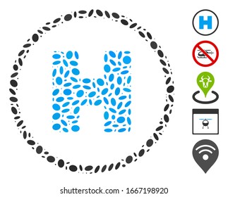 Dot Mosaic based on helicopter landing spot. Mosaic vector helicopter landing spot is formed with randomized oval spots. Bonus icons are added.