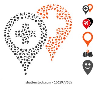 Dot Mosaic basiert auf Spital-Kartenmarkierungen. Mosaike Vektorillustration Krankenhaus-Kartenmarkierungen werden mit verstreuten ovalen Stellen gebildet.